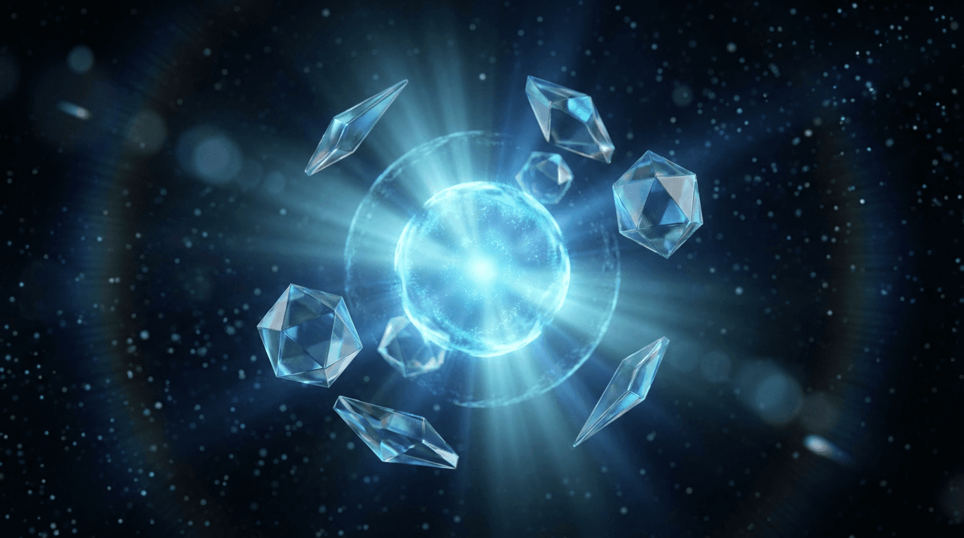 Glowing holographic interface node with orbiting digital shapes emitting soft blue light in deep space.